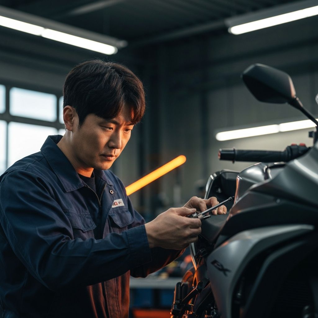 명일바이크 전문 정비사가 오토바이를 수리하는 모습